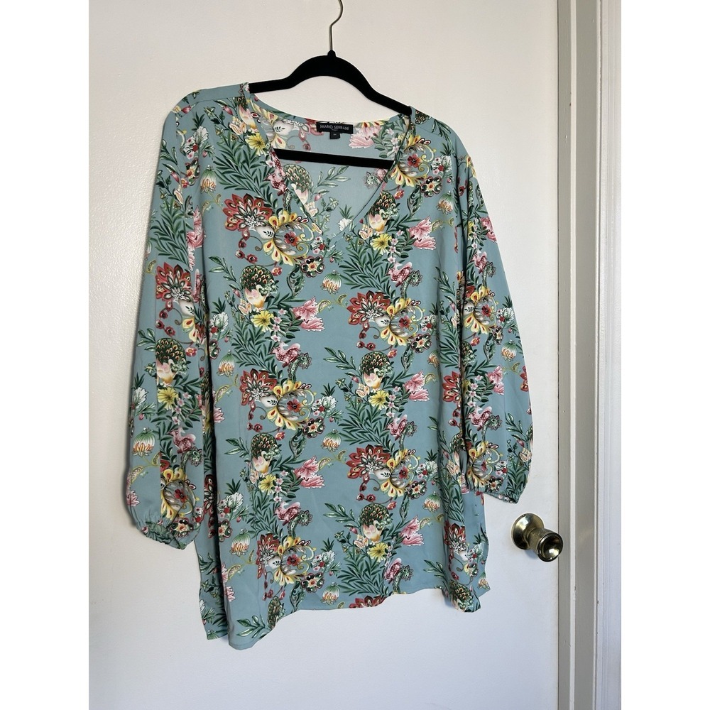 Mario‎ Serrani 2X Floral Peacock Blouse Blue V-Neck Boho Long Sleeve Polyester